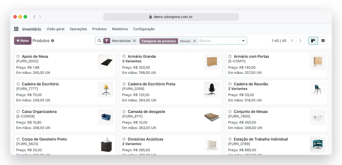 Catálogo de produtos do Odoo180 com preço e quantidade em estoque