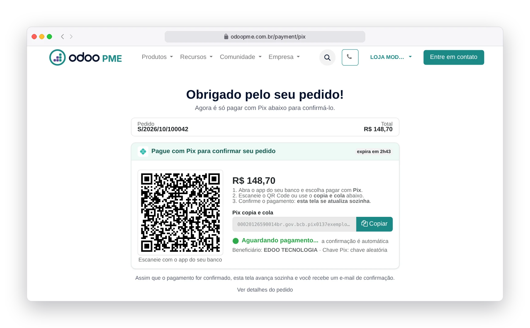 Tela do Pix gerado no Odoo180 com QR Code, valor, código copia e cola e status aguardando pagamento