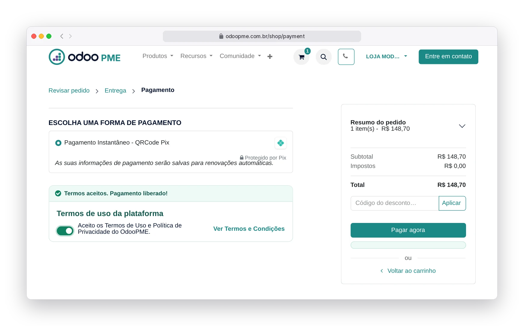 Tela de pagamento do Odoo180 com Pix selecionado, termos de uso aceitos e botão Pagar agora liberado